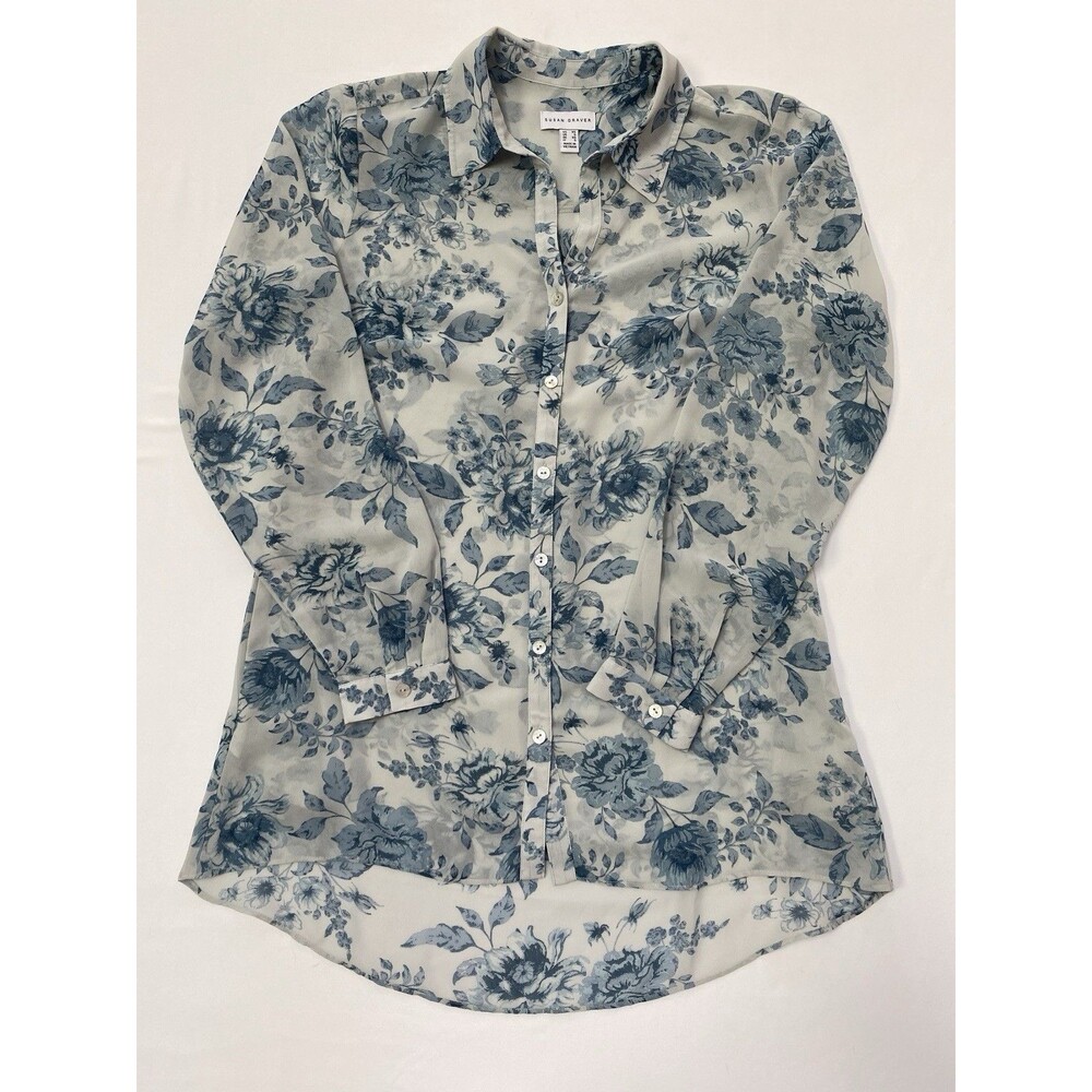 Susan Graver XS Blue Floral Sheer Button Up Blouse Coastal Cottagecore Top